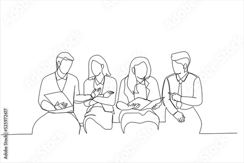 Cartoon of businessmen and women sit near meeting. Continuous line art