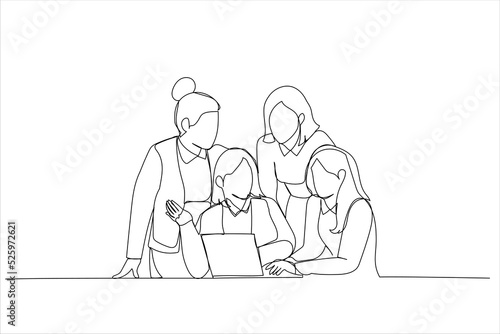 Illustration of corporate female team collaborate at office interacting brainstorming. One line style art
