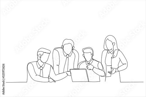 Cartoon of business people working together on new project looking at statistics on laptop. Continuous line art style