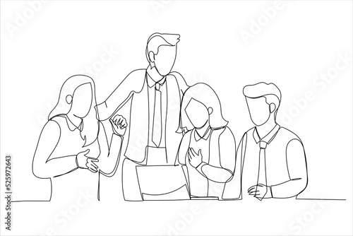 Illustration of diverse business team members having a discussion. One line art style