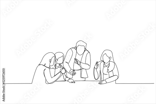 Cartoon of boss work cooperate with diverse team at office briefing. Single continuous line art style