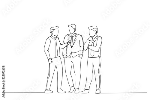 Drawing of business people in formalwear discussing something and gesturing. Single line art style