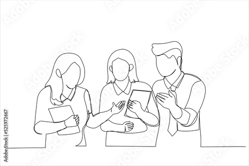 Illustration of designer communicating with orderers standing in coworking space. One line style art