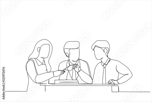 Cartoon of business people discuss the deal. Continuous line art style