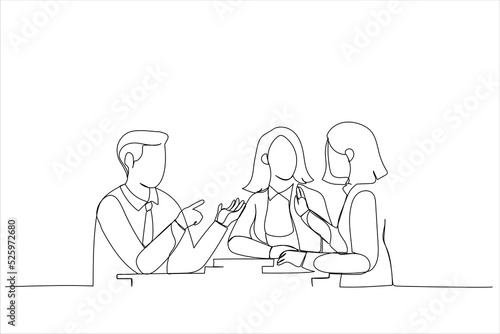 Illustration of group of office worker discuss together.. One continuous line art style