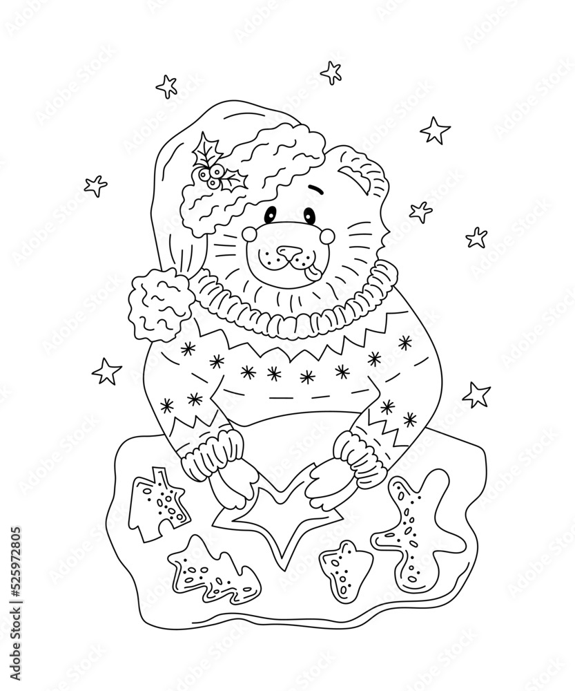 Christmas coloring page. Bear is making christmas cookies. Line art vector illustration.