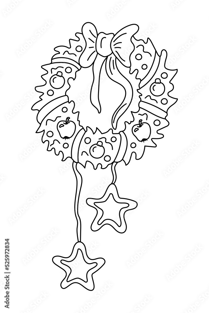 Fototapeta premium Christmas wreath with apples and stars. Coloring page. Line art vector illustration.