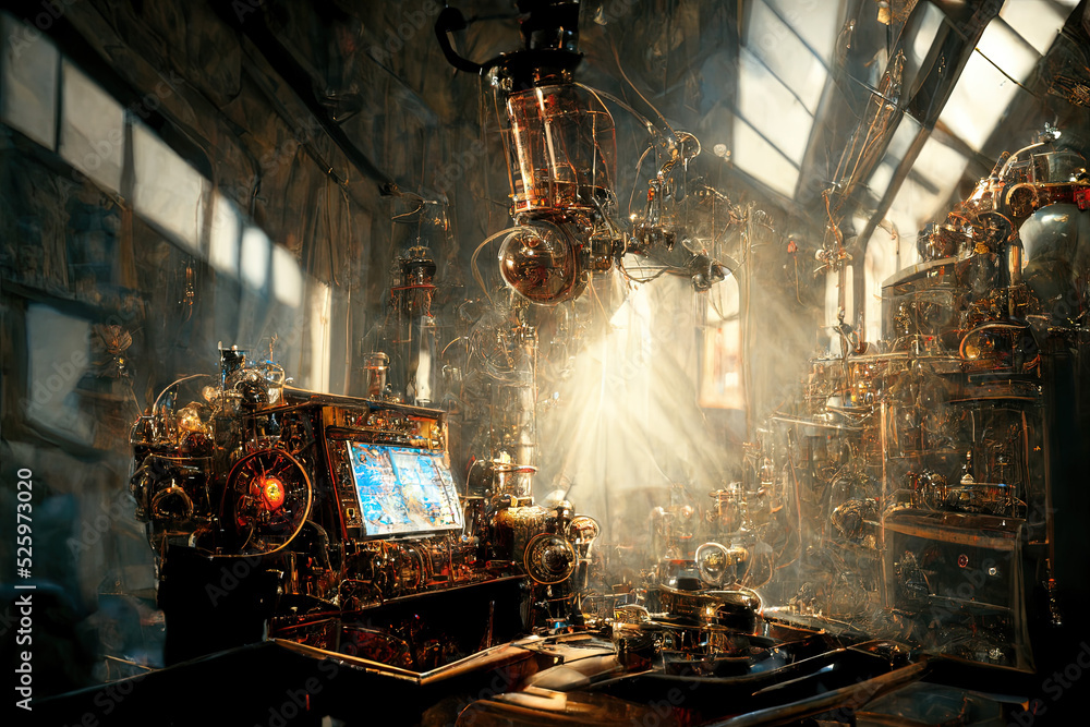 Steampunk Computer Factory. Fantasy Backdrop. Concept Art. Realistic Illustration. Video Game Background. Digital Painting. CG Artwork. Scenery Artwork. Serious Painting. Book Illustration
