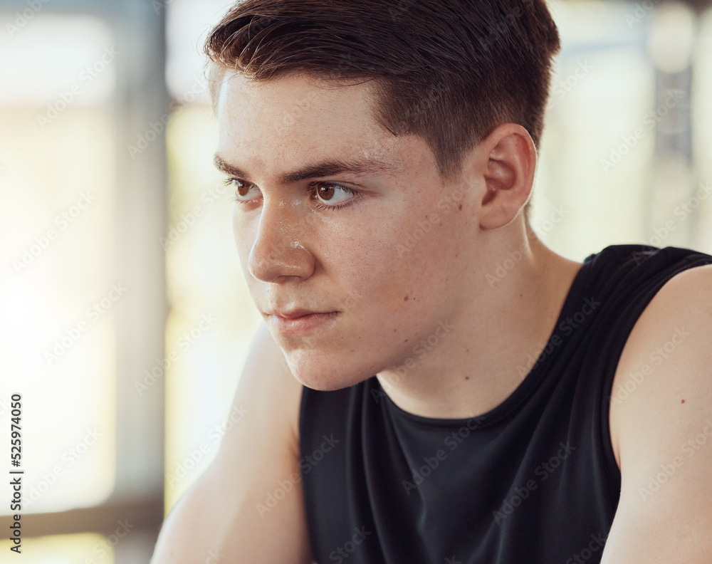 Motivation, fitness and health athlete sweating from sports gym exercise or high energy workout. Goals and crossfit man in cardio, gymnastics wellness or strength training at stadium center Motivation, fitness and health athlete sweating from sports gym exercise or high energy workout. Goals and crossfit man in cardio, gymnastics wellness or strength training at stadium center