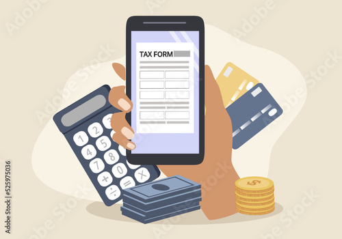 vector illustration in a flat style on the topic of paying taxes online, filling out a tax form. tax form on smartphone screen