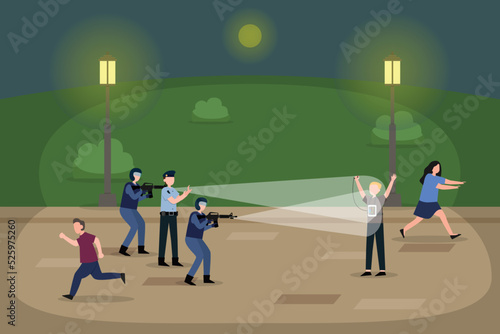 Terrorist threatens society to detonate a bomb caught by officers 2d vector illustration concept for banner, website, illustration, landing page, flyer, etc.