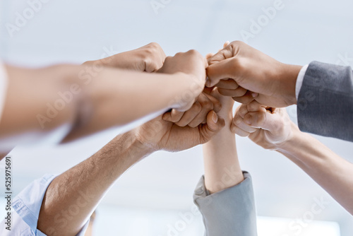Obraz na plátně Diversity, hand or fist of business people celebrate, unite and support each other