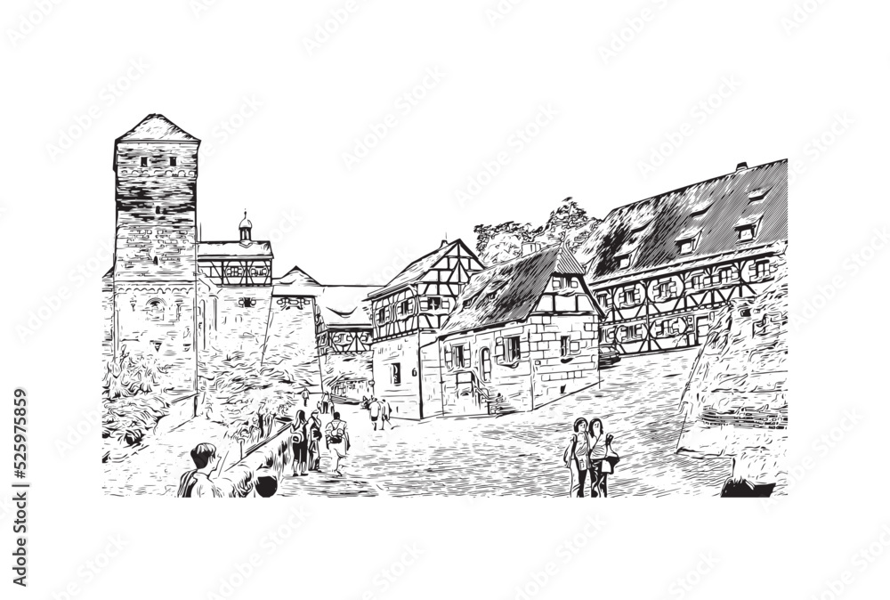 Building view with landmark of Nuremberg is the 
city in Germany. Hand drawn sketch illustration in vector.