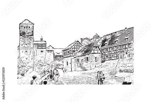 Building view with landmark of Nuremberg is the city in Germany. Hand drawn sketch illustration in vector.