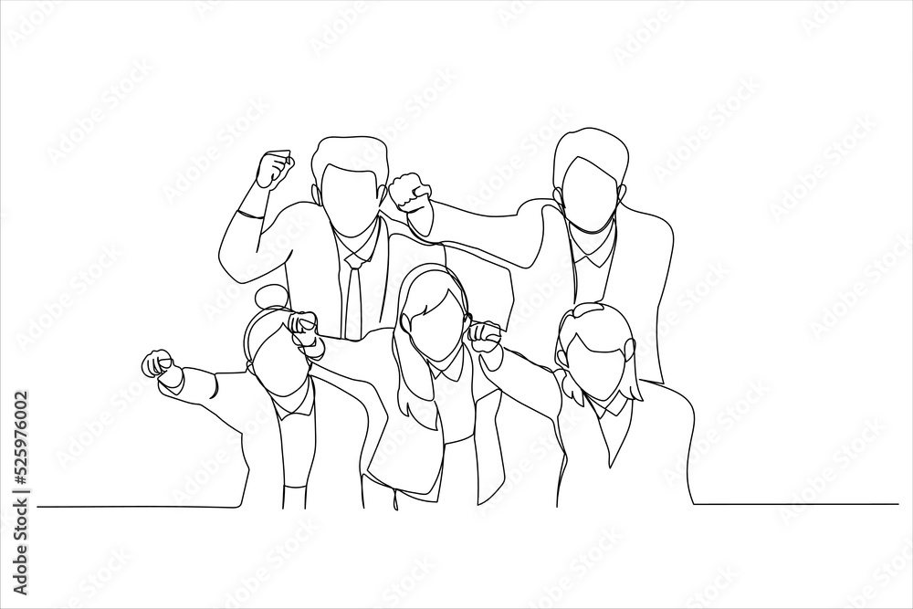 Drawing of group of salesman and woman who look up. Single line art style