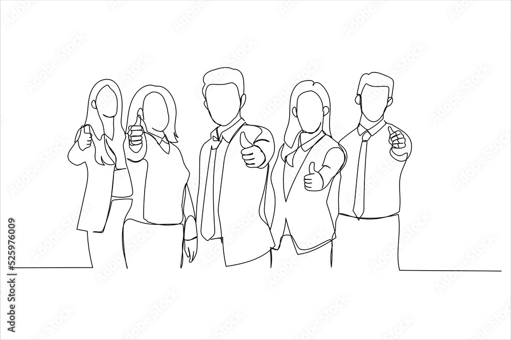 Drawing of business leaders with employees group showing thumbs up looking at camera. Single line art style Drawing of business leaders with employees group showing thumbs up looking at camera. Single line art style