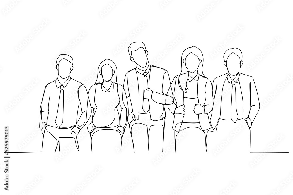 Cartoon of happy people in clothes suitable for office dress code standing. Single continuous line art style Cartoon of happy people in clothes suitable for office dress code standing. Single continuous line art style