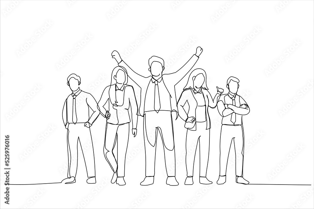 Cartoon of winning business team. Single continuous line art style Cartoon of winning business team. Single continuous line art style