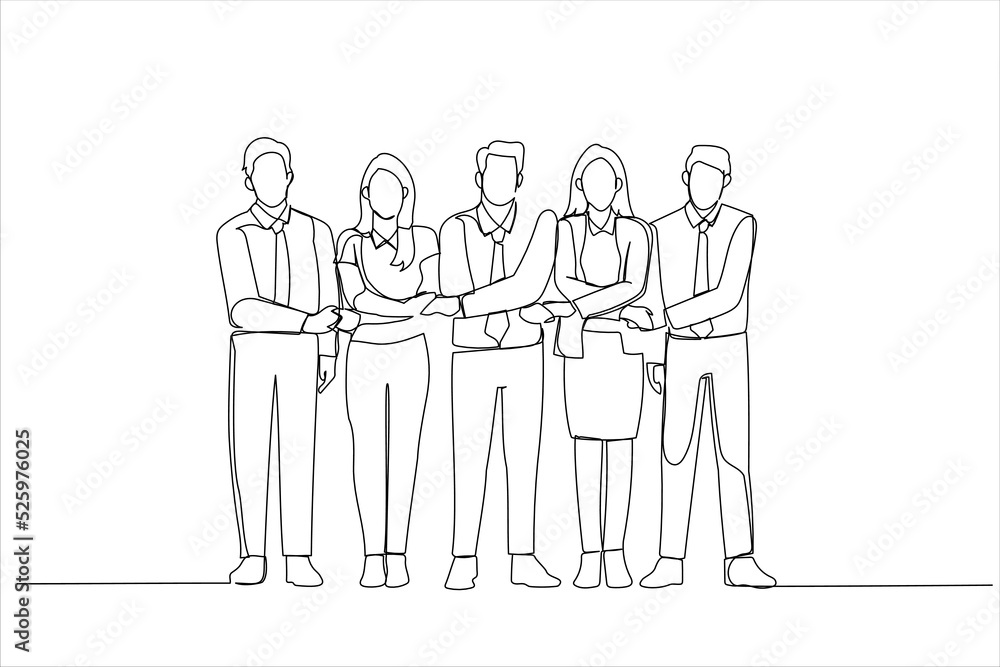 Cartoon of group of business people holding hands. Continuous line art style Cartoon of group of business people holding hands. Continuous line art style