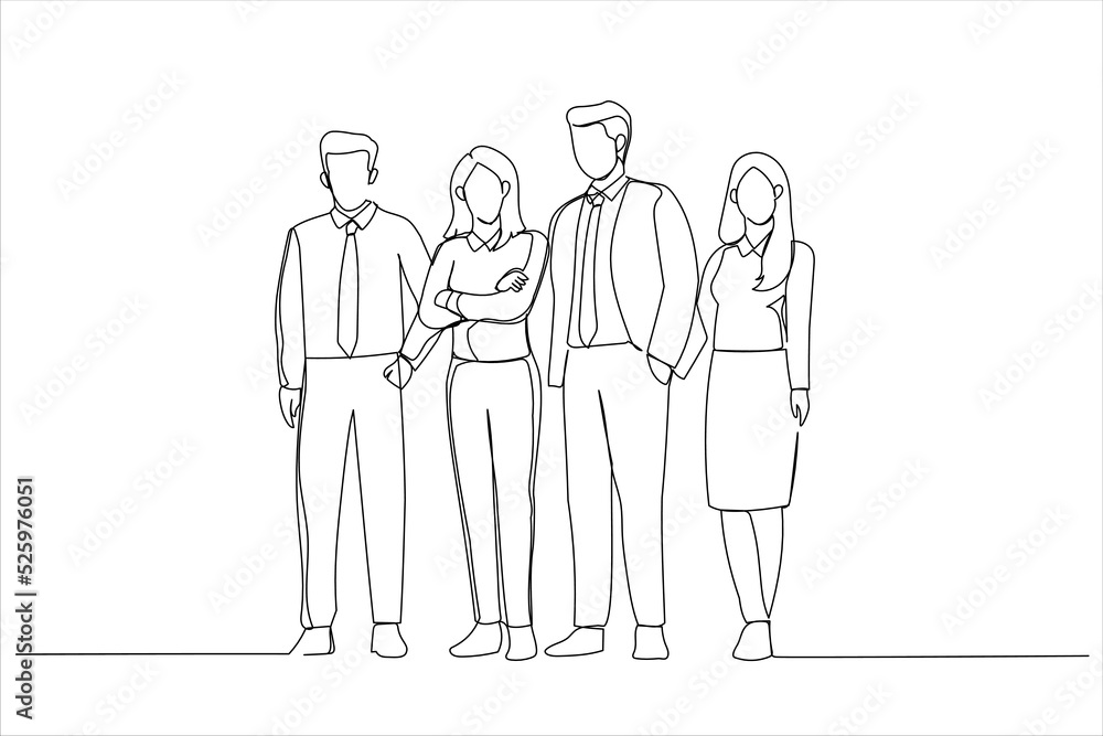 Cartoon of confident business team stands in office. Continuous line art Cartoon of confident business team stands in office. Continuous line art