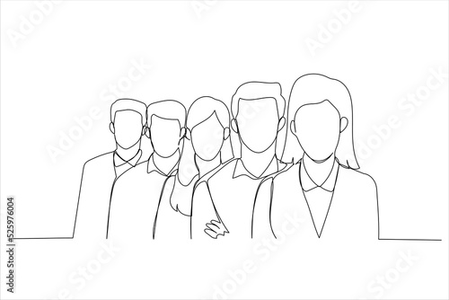 Cartoon of happy business team standing in a row at office. Single continuous line art style