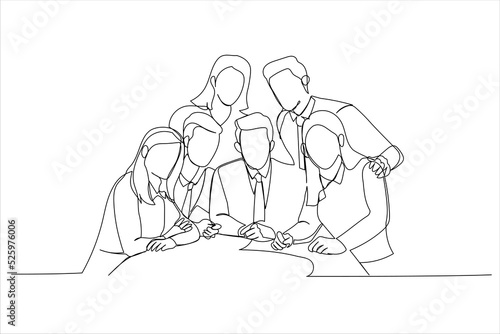 Illustration of business team posing grouped around manager. One line art style