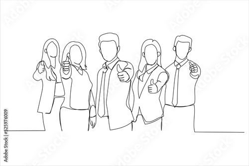 Drawing of business leaders with employees group showing thumbs up looking at camera. Single line art style