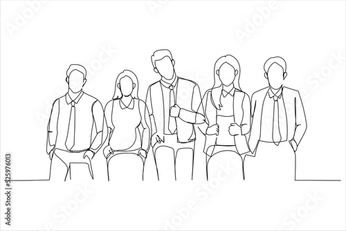 Cartoon of happy people in clothes suitable for office dress code standing. Single continuous line art style
