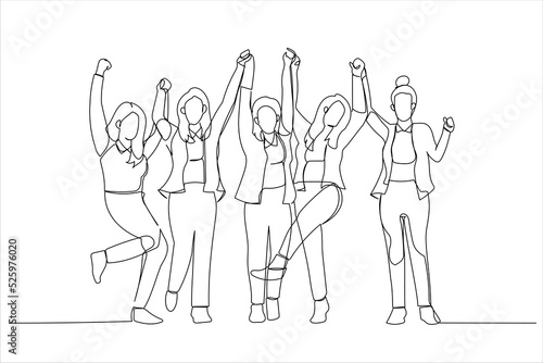 Cartoon of businesswomen in office wear celebrating success. Continuous line art