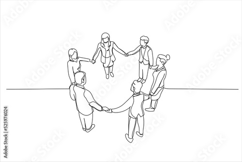 Drawing of business team are holding hands forming circle. Single continuous line art
