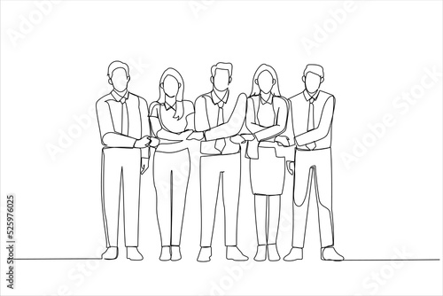 Cartoon of group of business people holding hands. Continuous line art style
