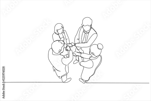 Illustration of businesspeople standing in a circle facing each other holding hands in a team. One continuous line art style
