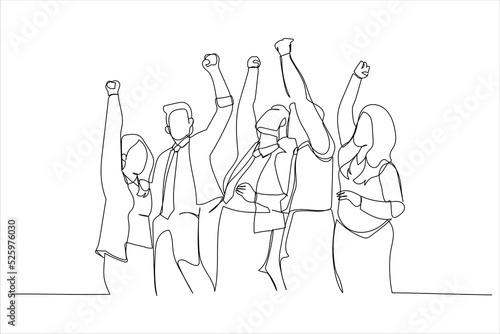 Drawing of diverse group huddle and high five hands together in office workshop. Single line art style