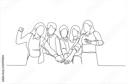 Cartoon of group of Diverse People Hands Together. Single continuous line art style