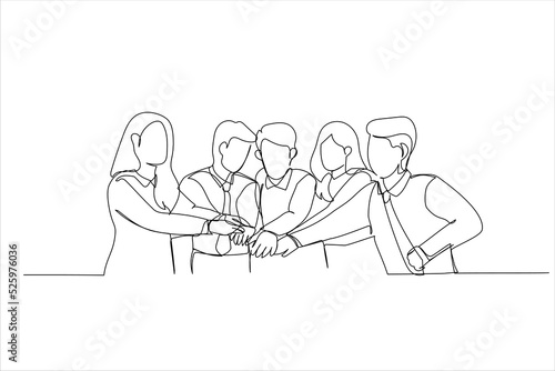Illustration of happy business team celebrating victory in office. One line art style