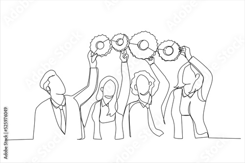 Drawing of colleagues connect cog gear find business solution. Happy employees workers hold cogwheel engaged in teamwork. Single line art style