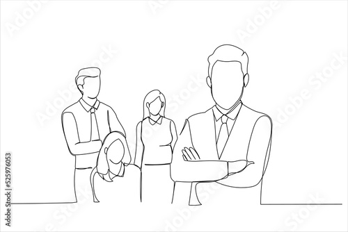 Illustration of businessman in formal wear and with crossed arms standing in office. In background his team posing. One line style art
