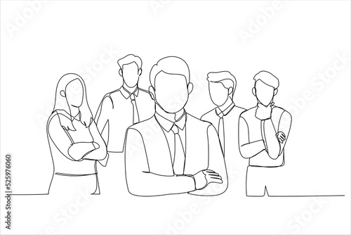 Illustration of group of friendly businesspeople with male leader in front. One continuous line art style