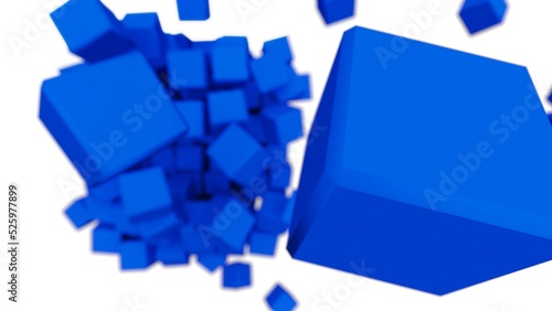 A set of many blue cubes that are collapsing under white lighting background. Conceptual 3D illustration of blockchain, financial system and personal data analysis.