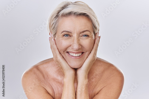 Woman with beauty skincare with smile, cosmetic for natural skin care and wellness for health face and skin in retirement on grey mockup studio background. Portrait of happy and healthy person