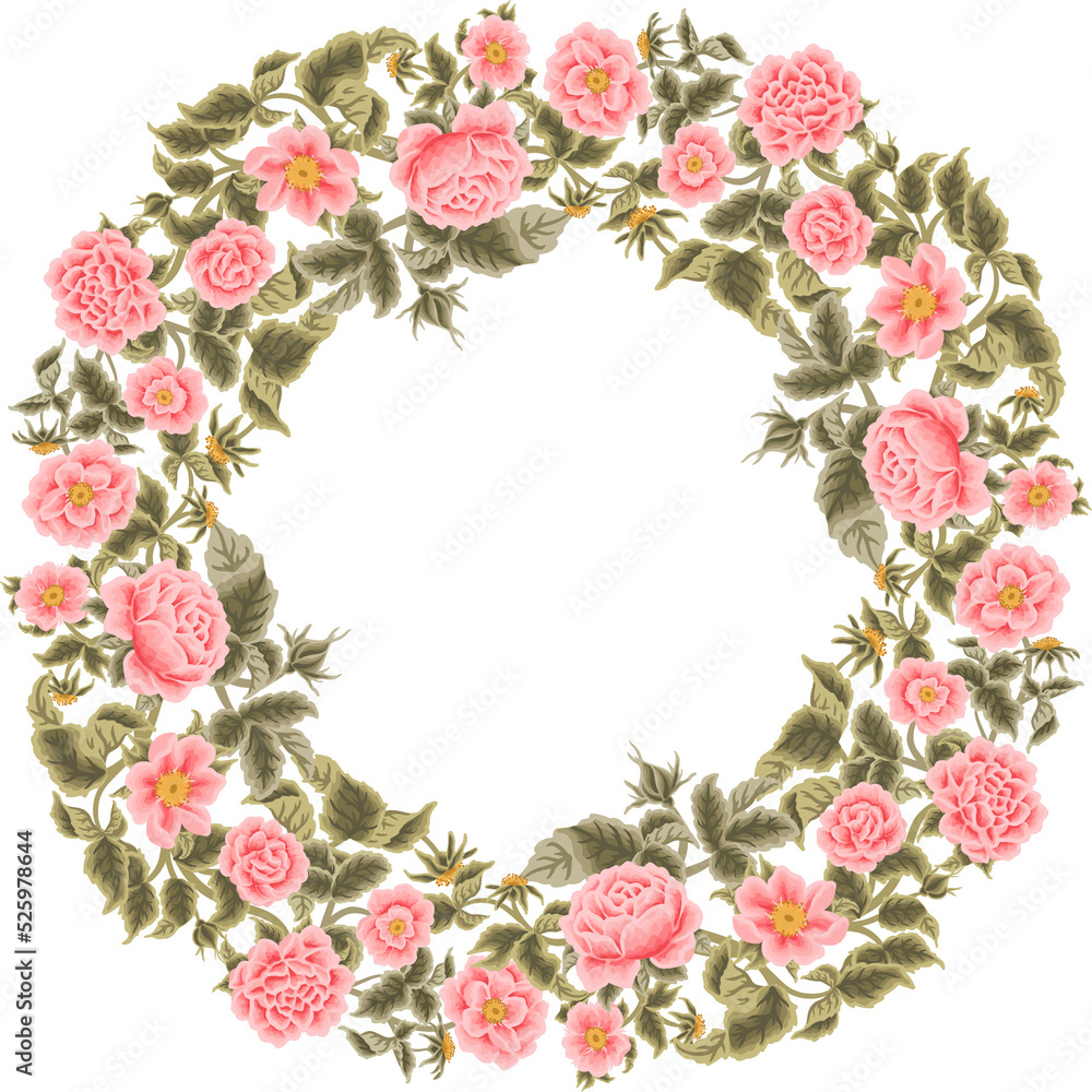 Obraz premium Vintage peach floral frame with roses, peony, chrysanthemum flowers