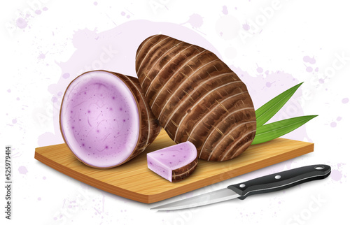 Taro Root Vegetable vector illustration with half piece of Taro Root vegetable on wooden chopping board