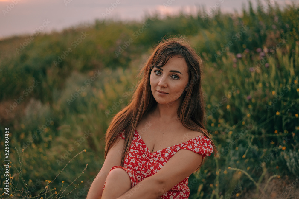 portrait of a girl in the summer at sunset on the grass portrait of a girl in the summer at sunset on the grass