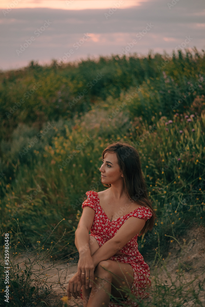 portrait of a girl in the summer at sunset on the grass portrait of a girl in the summer at sunset on the grass