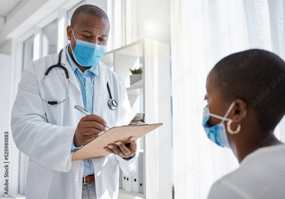 Covid doctor or medical worker consulting a patient for and writing health information at the hospital. Healthcare man working on insurance, paper or checklist for a woman at a clinic Covid doctor or medical worker consulting a patient for and writing health information at the hospital. Healthcare man working on insurance, paper or checklist for a woman at a clinic