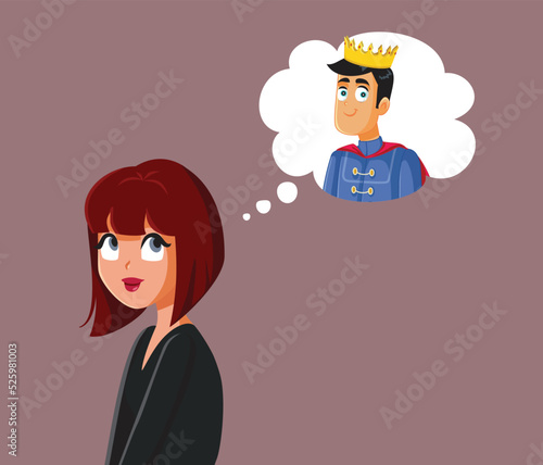 Woman Thinking about Prince Charming Vector Cartoon Illustration. Infatuated girlfriend thinking to find her perfect man
