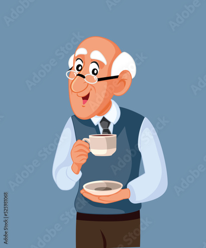 Happy Senior Man Drinking His Coffee Vector Cartoon Illustration. Carefree elderly pensioner having a cup of tea 
