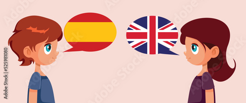 Boy Speaking Spanish Girl Speaking English Vector Illustration. Foreign students trying to communicate in different languages

