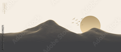 Vector abstract art landscape mountain with birds and sunrise sunset by golden line art texture black and white beige background. Minimal luxury style for wallpaper, wall art decoration.