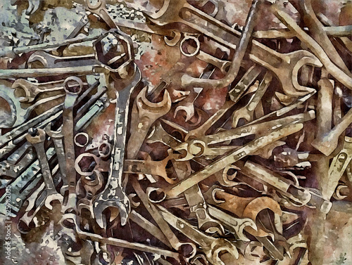 Vintage metal wrenches covered with rust. Mechanic watercolor background.